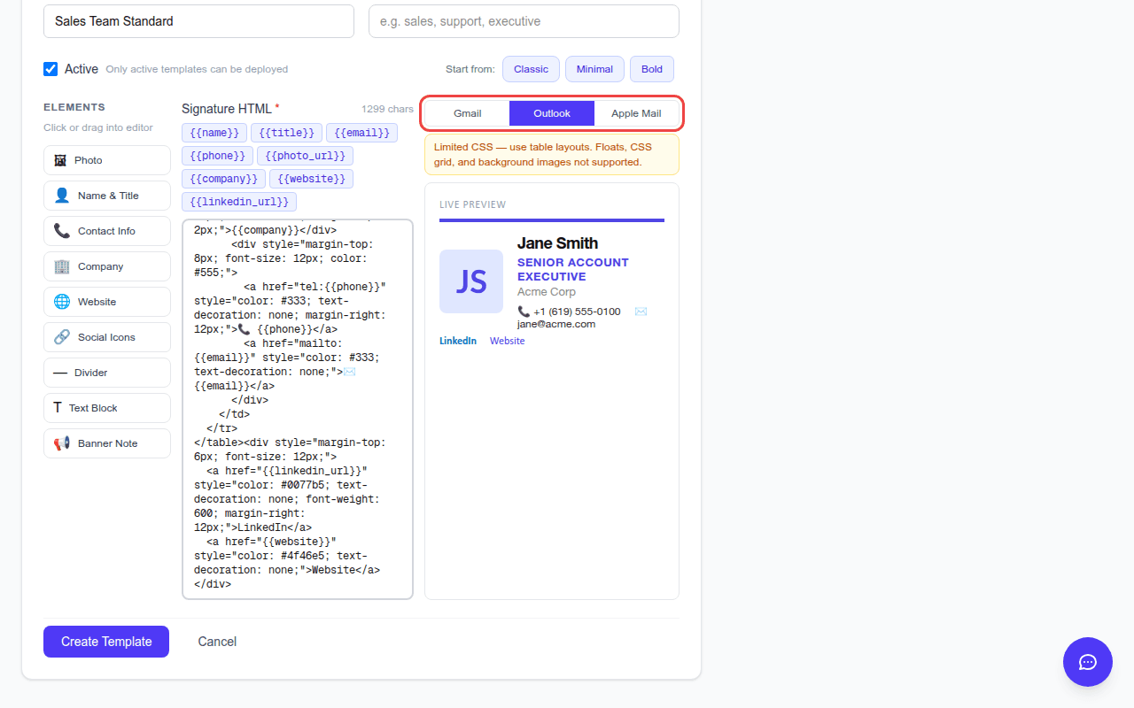 Previewing the signature for Gmail, Outlook and Apple Mail